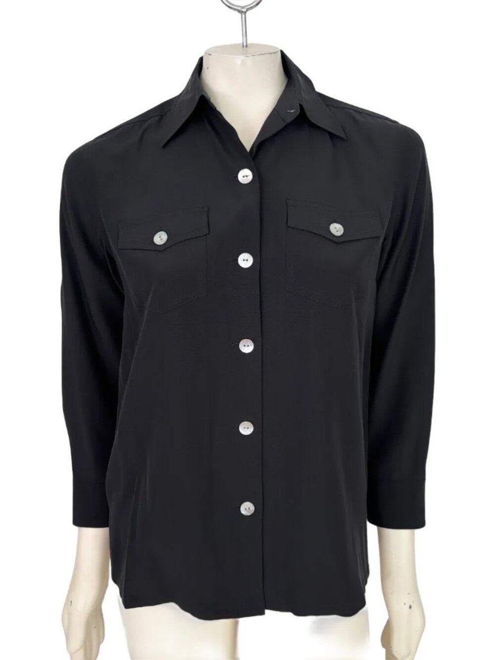 SUTTON STUDIO 100% Silk Button Front Utility Shirt Black SZ MP